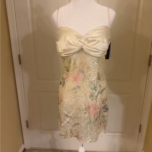 Elegant Backless Sequin Dress - Cream Floral with satin bow ties in the back!